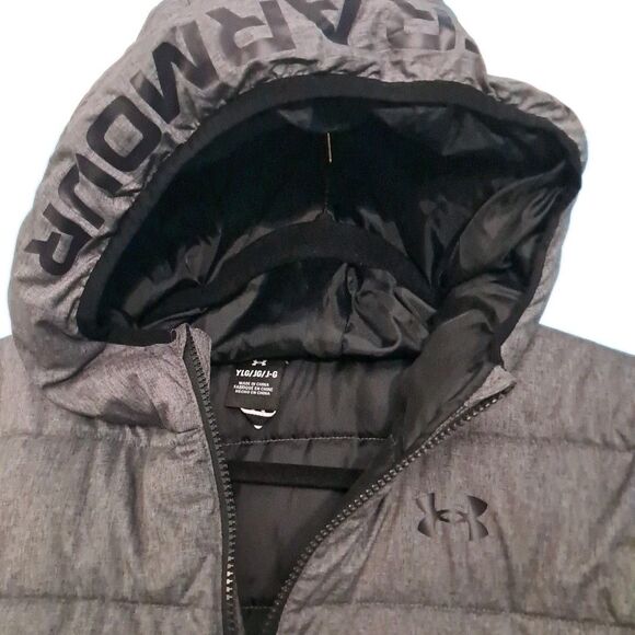 Under Armour Hooded Puffer Jacket YLG Youth Large Gray Full Zip Winter Coat Boys - Picture 3 of 7